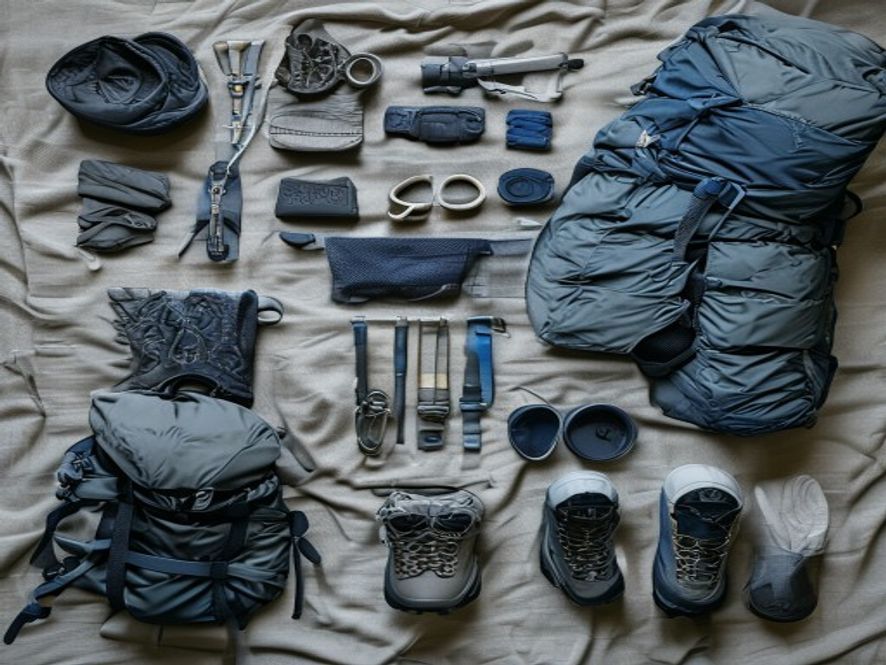 Well-organized hiking gear and equipment laid out on neutral fabric